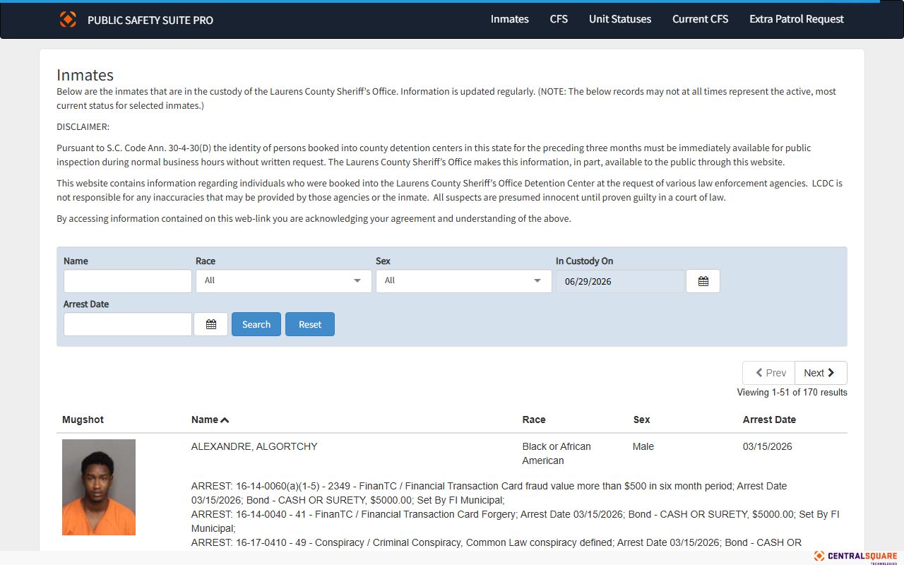 Laurens County inmate population roster search screen